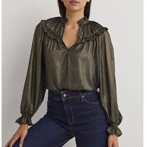 Boden | Gold Metallic Ruffle Collared Blouse Lightweight Top Party Event